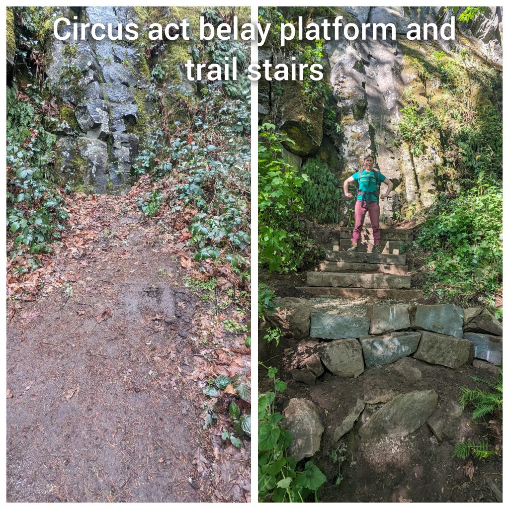 Before and after photo of Circus Act's belay platform and trail stairs. Before is a dirt slope, after shows multiple stacked-rock steps. 